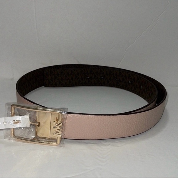 Michael Kors Genuine Leather Reversible Belt Gold Buckle Pink & Brown Signature - Picture 1 of 9